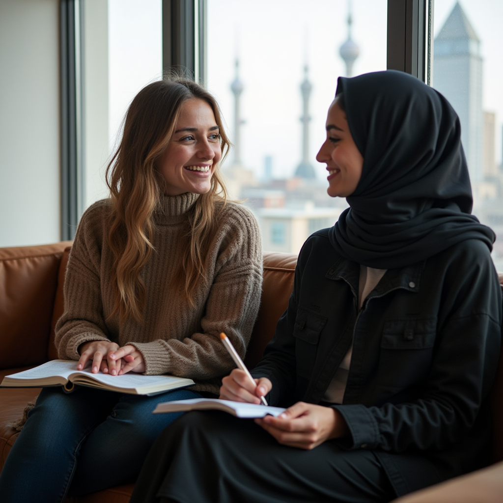 Two women are sitting on a couch by a large window with a cityscape view, engaged in a friendly conversation while writing in their notebooks.