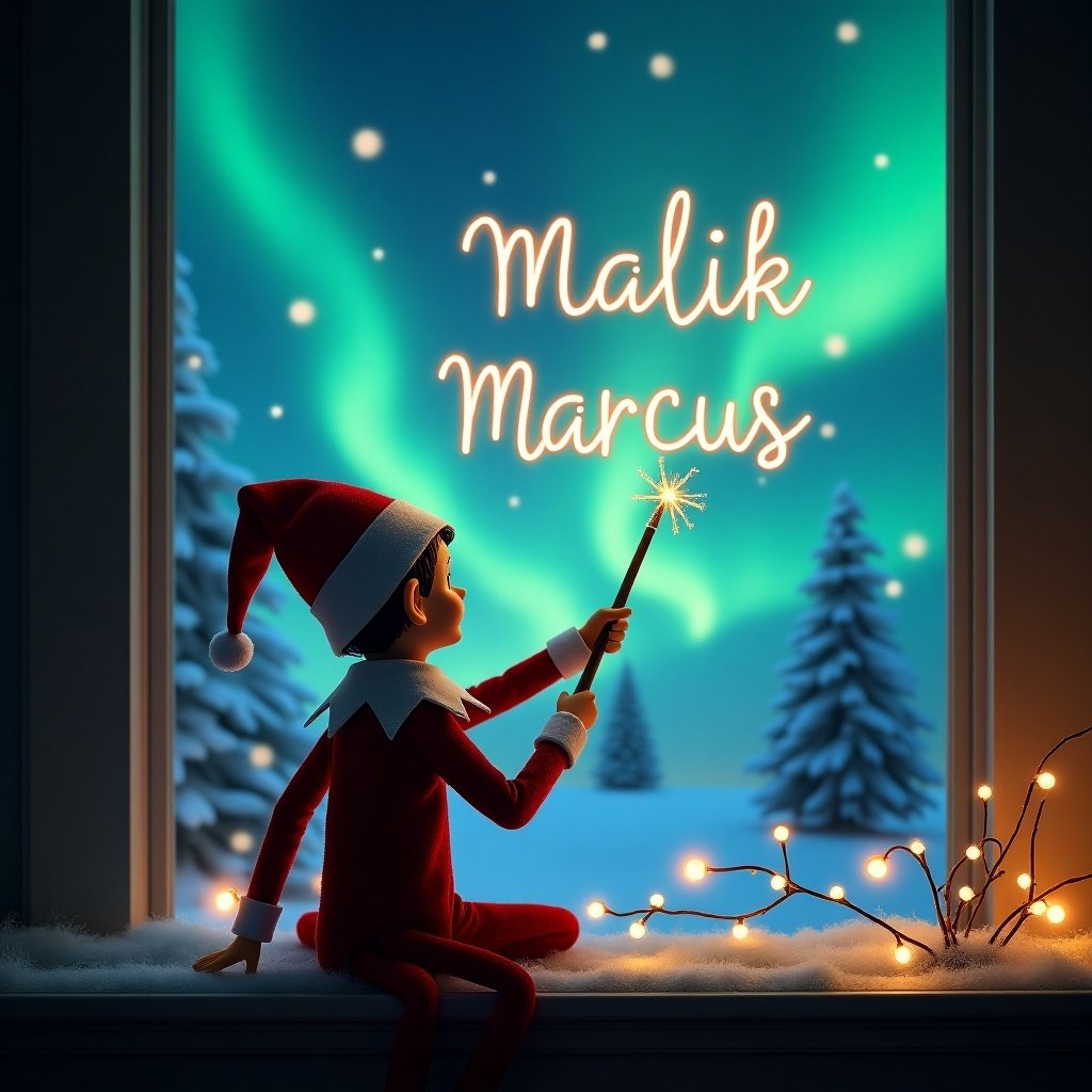 The image showcases an elf on the shelf, sitting with his back to the viewer, gazing out the window at a stunning display of northern lights. The elf is using a magic wand to elegantly write the names 'Malik' and 'Marcus' in the sky, creating a whimsical atmosphere. The cozy room is decorated with festive lights and snow softly falling outside. The character embodies the spirit of Christmas, evoking feelings of joy and wonder. This enchanting scene captures the essence of holiday magic, perfect for children and families alike.