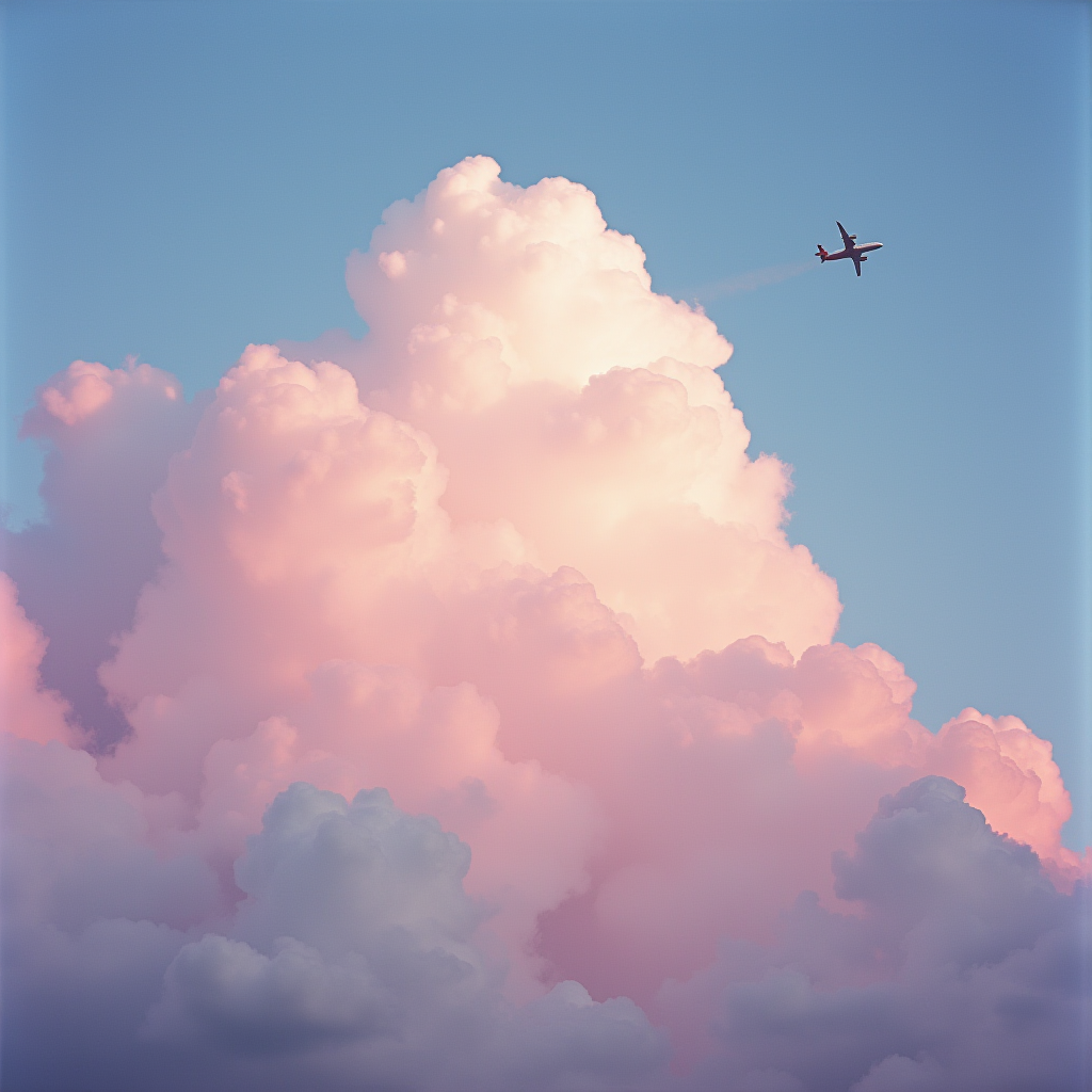 A plane flies near a large, fluffy pink cloud against a blue sky.