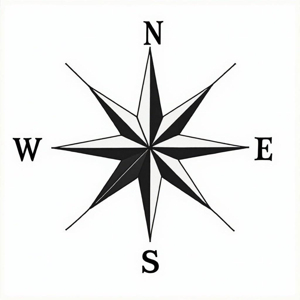 This is an image of a compass rose, often used in navigation and maps. The design features eight pointed star shapes, indicating cardinal and intercardinal directions. The main cardinal directions are North, East, South, and West, clearly labeled with black letters. In this graphic, the primary wind direction is North and Northeast, while the secondary wind is South-West. The entire composition is in a minimalist black and white style, making it suitable for various applications, such as educational resources or decorative designs.