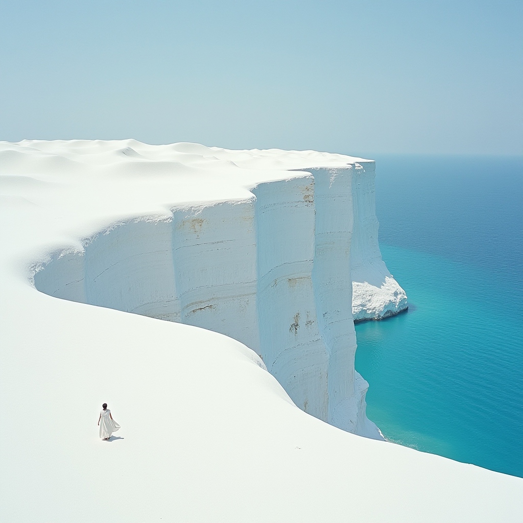 A solitary figure in a flowing dress walks atop a vast, white cliff overlooking a tranquil turquoise sea.