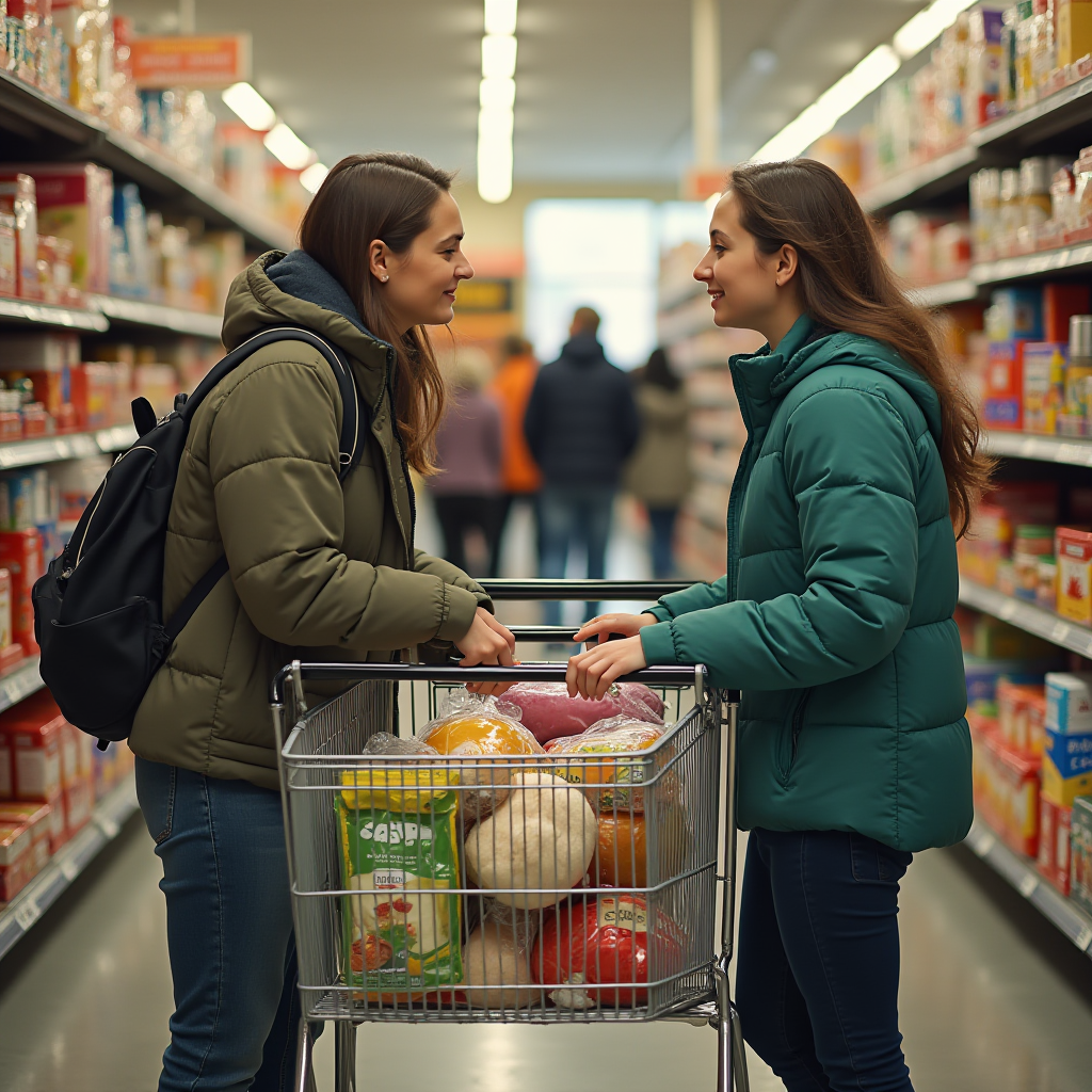 Two women in jackets chat while grocery shopping in a store aisle.