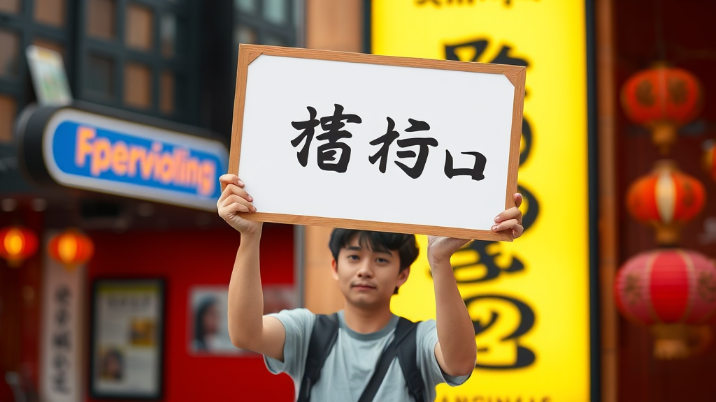 A person holds up a sign with Chinese characters, standing in a vibrant urban setting with colorful signage and lanterns.