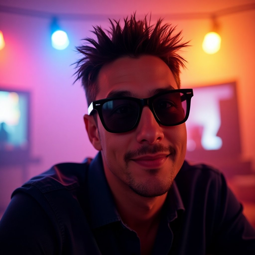 A confident young man with spikey hair sits under colorful lighting. He wears sunglasses and a black shirt, looking directly at the camera. The lighting casts a playful glow around him, enhancing the mood. His expression is relaxed yet engaging, making him the focal point of the scene. It’s a modern take on a casual portrait, perfect for a nightlife setting.