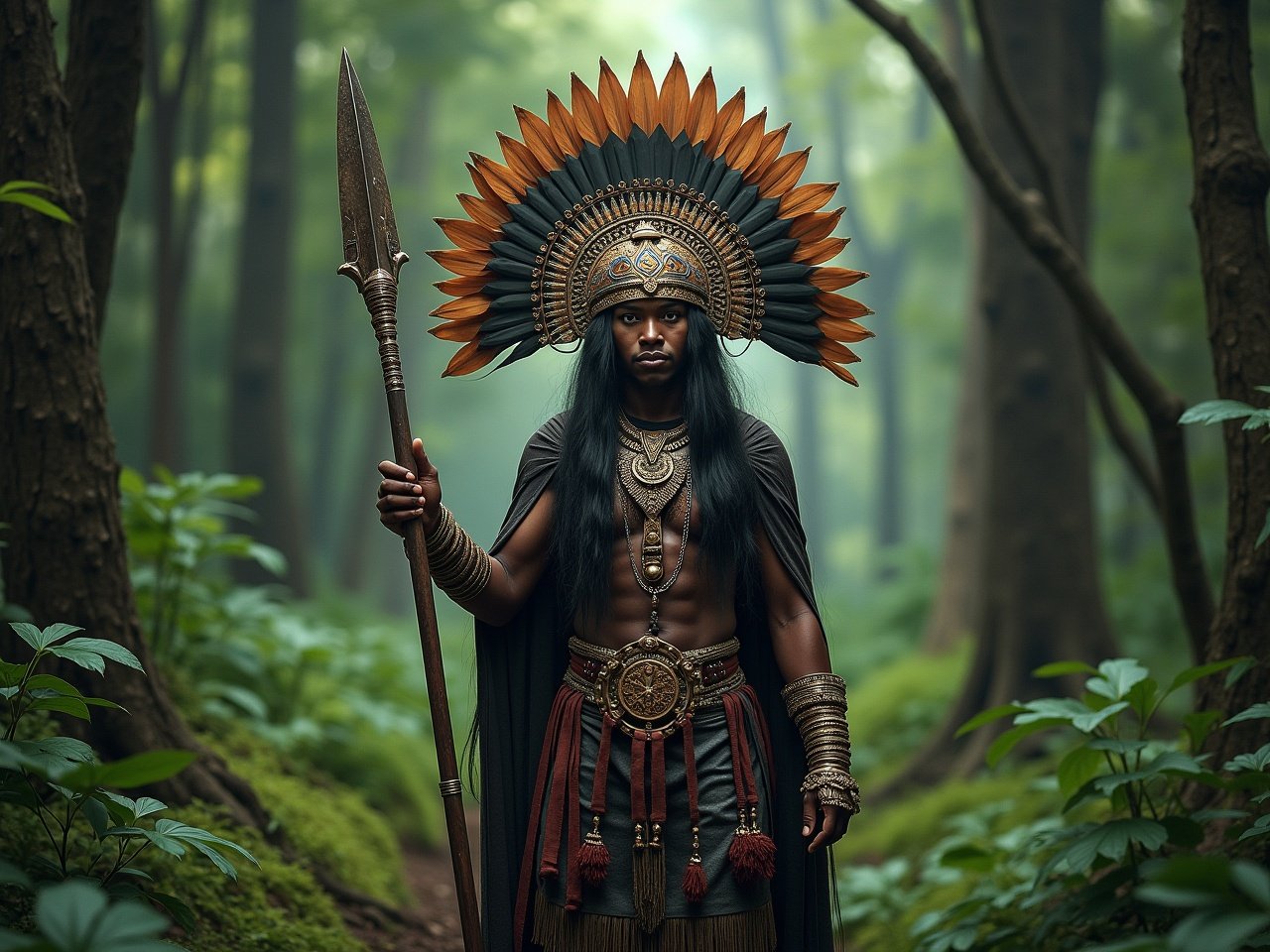 A fierce indigenous warrior stands commandingly in the lush green forest, holding a spear and wearing traditional attire with a majestic feathered headdress.