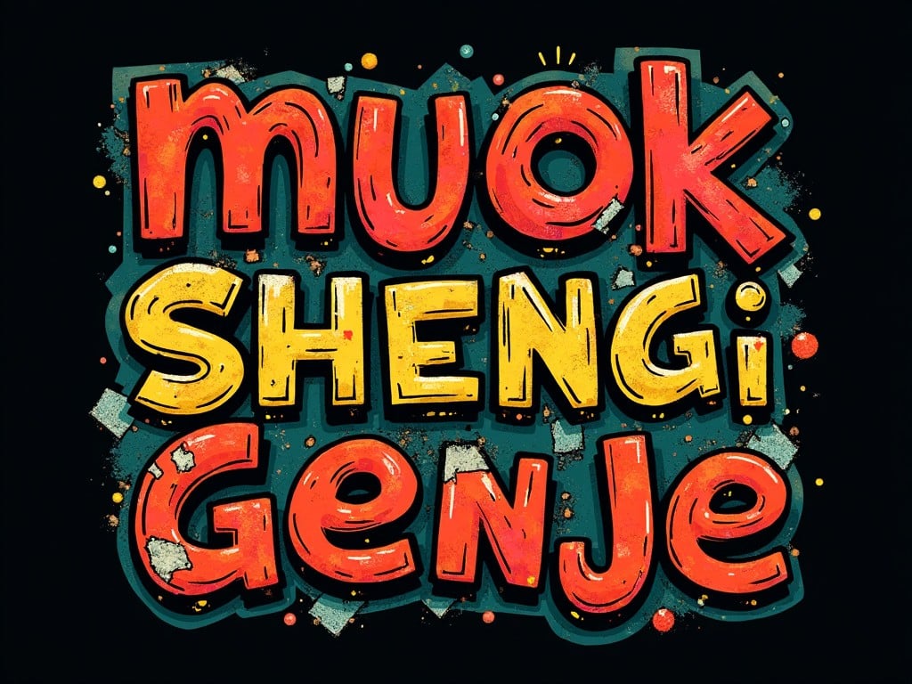 This image features a bold and colorful typographic design that reads 'muok SHENGi Genje'. The letters are large and have a playful texture, with bright colors including red, yellow, and turquoise. The background is black, which makes the colors pop even more. There are decorative elements like splashes and shapes around the text, adding to the artistic flair. The overall feel is energetic and inviting, suitable for modern graphic applications.