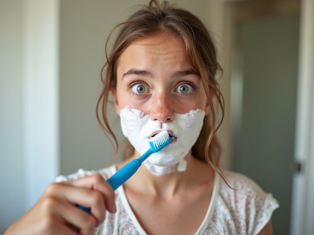 The image showcases a funny moment as a girl brushes her teeth in a playful manner. She has a thick layer of white toothpaste foam covering her mouth and lower face, adding a humorous touch. With a blue toothbrush in hand, she's looking directly at the camera, making the scene feel lively and engaging. Her expression combines surprise and amusement, creating a comical effect. She's dressed in lace pajamas, hinting at a casual home setting, likely a bathroom. The background is slightly blurred, which keeps the focus on her expressive face. This image captures the essence of playful moments in daily routines.