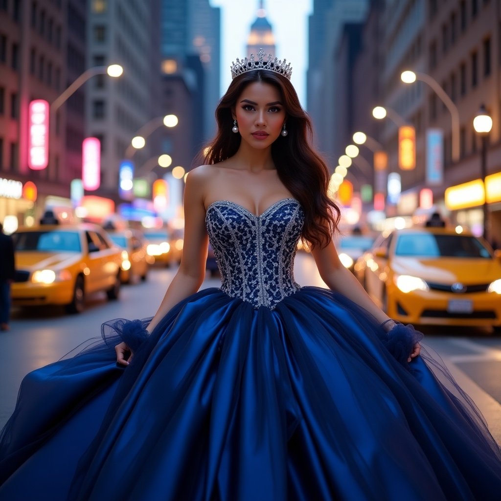 Create a photorealistic image personifying New York as a young woman in her late 20s. She has radiant skin, high cheekbones, and expressive brown eyes. Her hair is styled in soft waves, flowing elegantly. She wears a midnight blue satin gown with intricate embroidery and beading, embodying the essence of the city's nightlife. The gown's skirt billows around her, adding a dramatic flair. She is accessorized with a diamond tiara and pearl earrings. The setting is a lively New York street at night, with the Empire State Building in the backdrop, surrounded by the bustling life of taxis and neon lights. A soft glow emphasizes her royal presence amid the city’s energy.