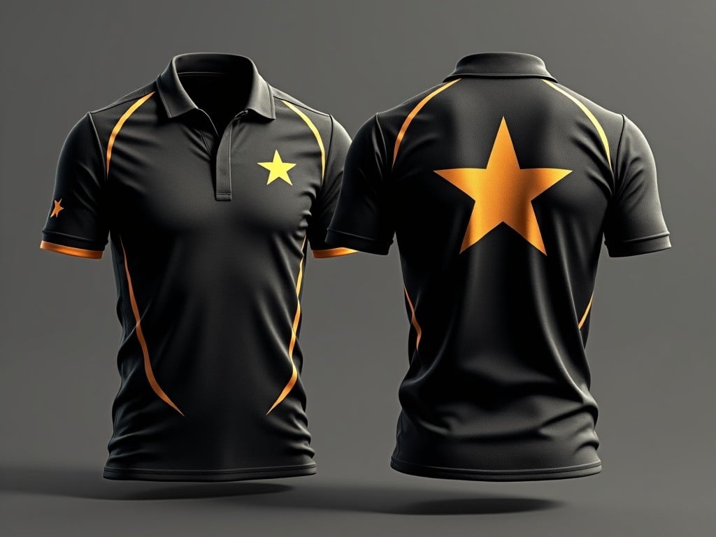 This image features a cricket jersey designed with a sleek black theme complemented by hints of golden color. The jersey is showcased from a three-quarter perspective to reveal both the front and back sides. The main focus appears to be the rising star logo prominently displayed on the back. The use of soft lighting enhances the jersey's appealing textures and colors, making it a perfect representation for sports merchandising. Ideal for branding cricket teams or as sportswear fashion.