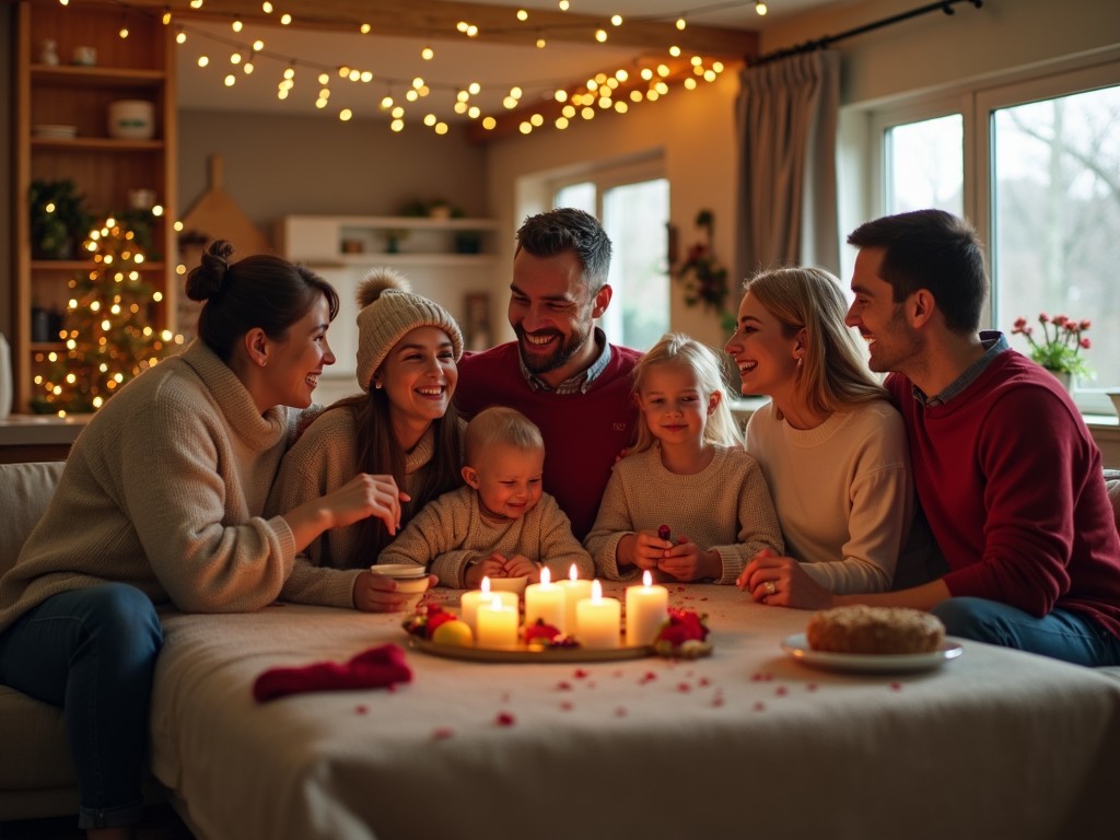 A joyful family is gathered around a table, celebrating a holiday. Candles are lit in the center, creating a warm atmosphere. The family consists of parents, grandparents, children, and siblings. They are all smiling and sharing a moment together. The room is decorated with fairy lights and a cozy ambiance, emphasizing the spirit of togetherness during the holidays.