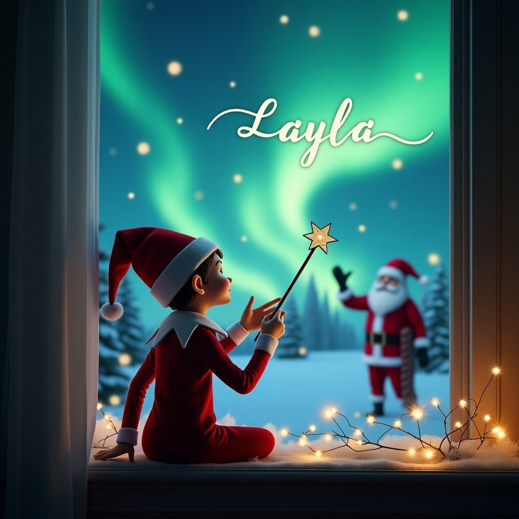 An image featuring an elf sitting on a window sill, dressed in a red outfit with a pointed hat. The elf is using a magic wand to write the name 'Layla' in bright letters across the night sky. Outside the window, a beautiful magical Christmas scene unfolds, adorned with vibrant northern lights. In the background, Santa Claus waves, embodying the spirit of the holiday season. The room is softly lit with fairy lights adding to the festive atmosphere.