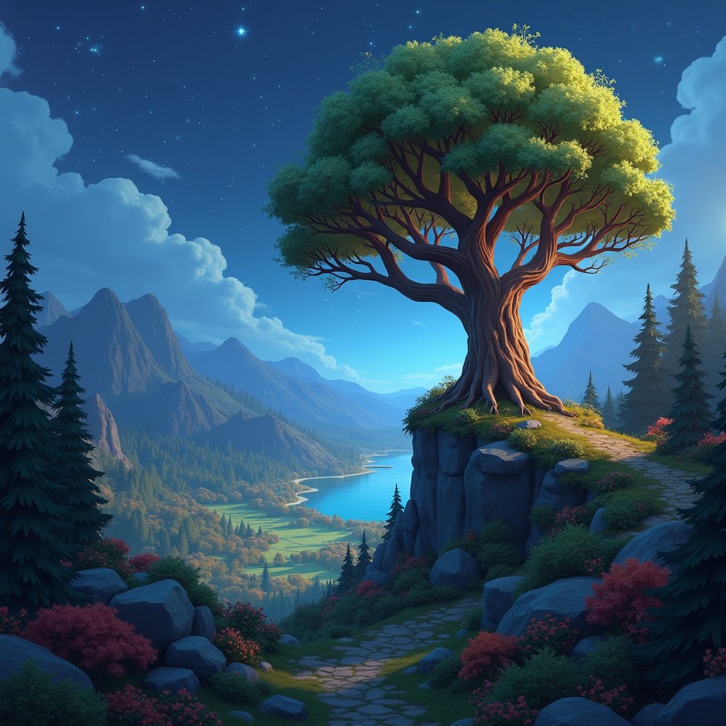 A large, old cartoon tree stands proudly atop a small hill, overlooking a beautiful fantasy forest with a serene lake in the distance. The scene is bathed in a magical nighttime glow, filled with vibrant colors and intricate details. The forest below is lush and detailed, showcasing shades of autumn. The sky is dotted with twinkling stars, adding to the enchanting atmosphere. This hyper-realistic Disney Pixar 3D cartoon scene evokes a sense of wonder and adventure.