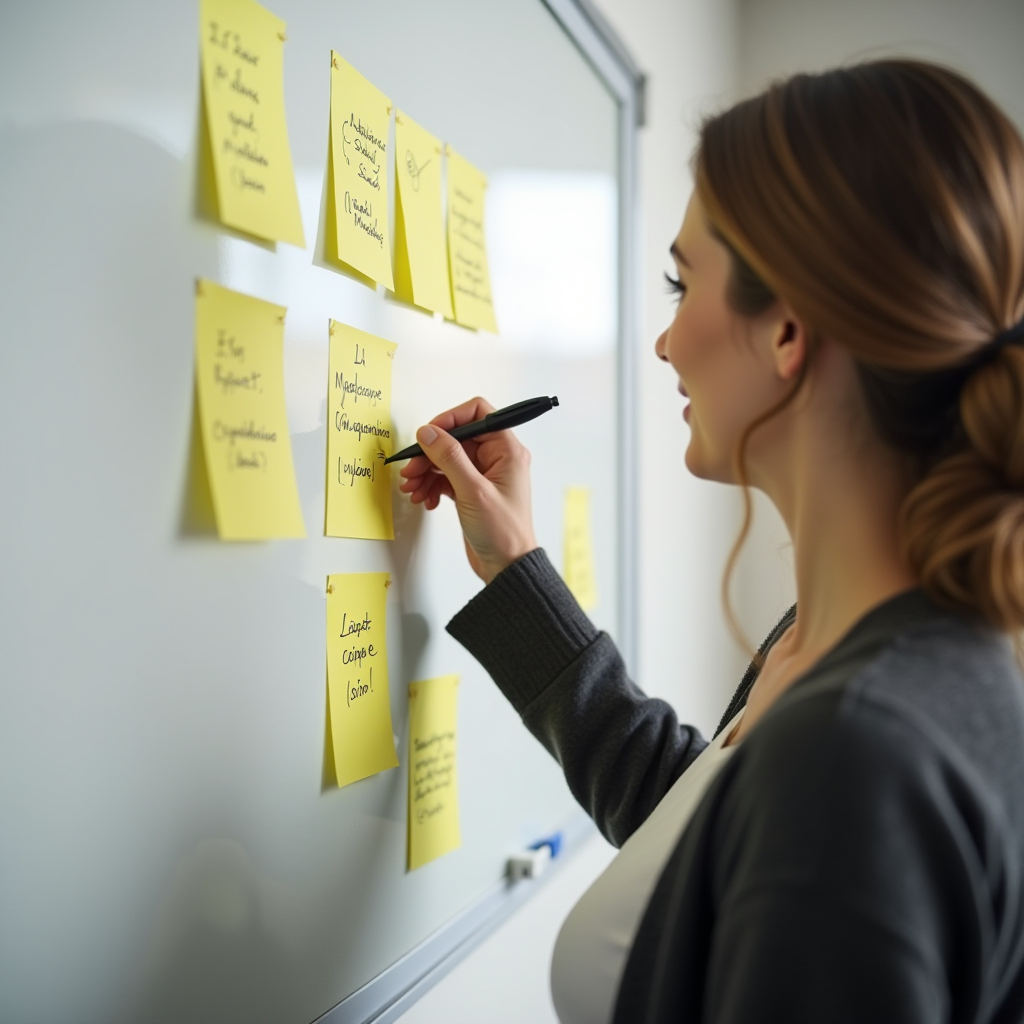 A woman writes on sticky notes attached to a whiteboard in an office setting.