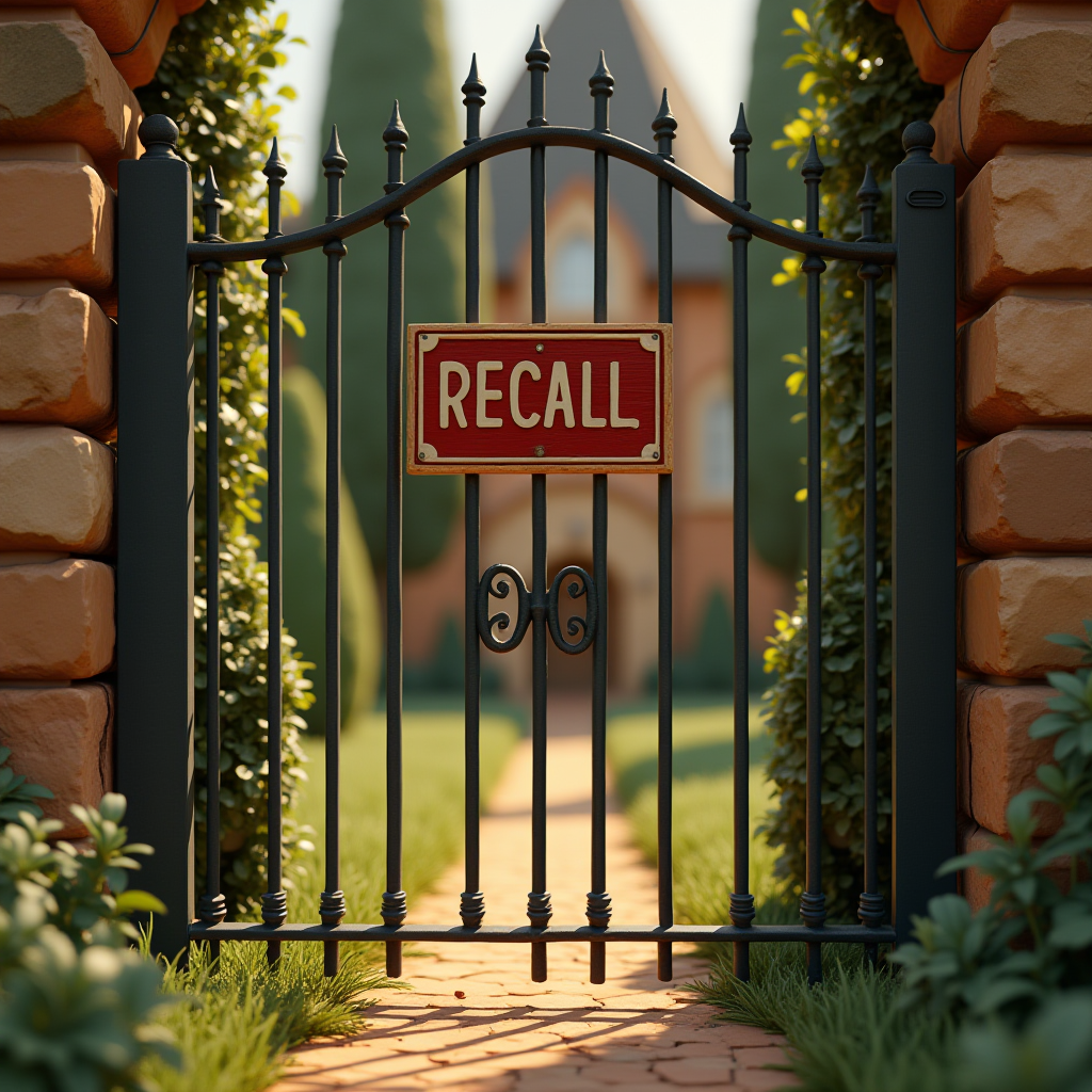 A quaint garden gate with a 'Recall' sign leads to a picturesque pathway.