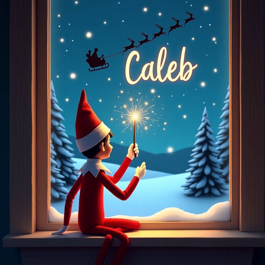 An enchanting scene featuring an Elf on the Shelf sitting by a window, facing away from the viewer. The elf is joyfully using a wand to create sparkles in the night sky, where the name Caleb is being written. In the background, Santa’s silhouette can be seen in a sleigh, flying with his reindeer across a snowy landscape. The warm glow from the window adds a magical touch to the winter night. Pine trees and a starry sky complete the festive atmosphere.