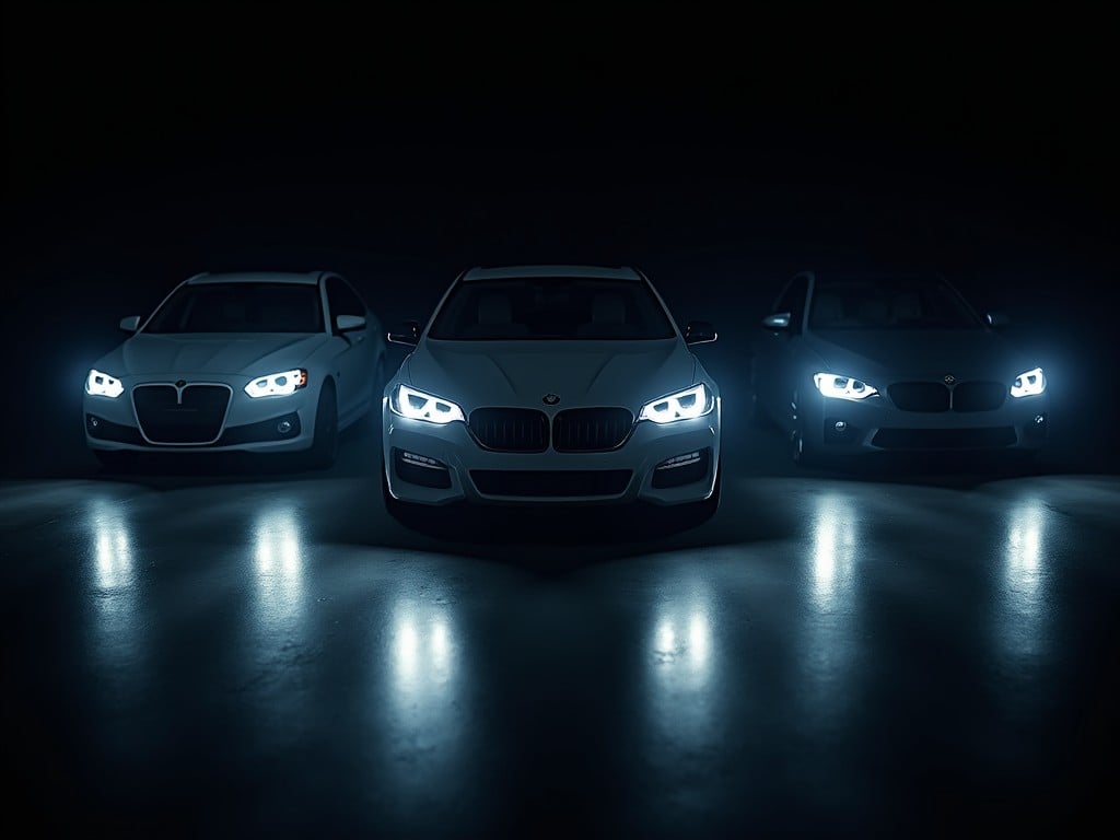 This image features three luxury cars displayed against a dark background. The central car, a BMW, stands out with its bright headlights, flanked by two other vehicles that also have illuminated lights. The lighting creates a dramatic ambiance, highlighting the sleek lines of the cars. The setting appears to be a studio or showroom, enhancing the focus on the cars. This composition is perfect for automotive marketing, showcasing modern car designs in a stylish manner.