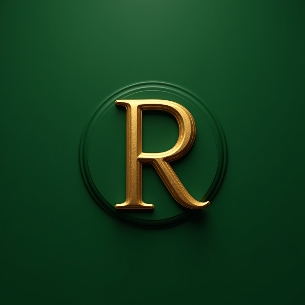 A sleek, golden letter 'R' designed with a circular shadow on a rich green background, emphasizing elegance and simplicity.