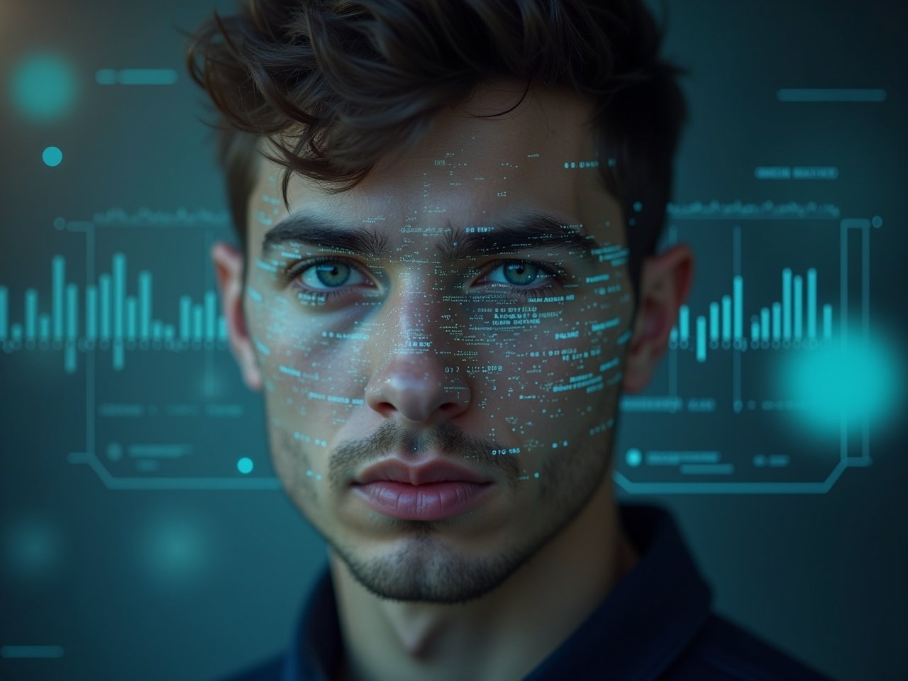 The image features a portrait of a young man with striking blue eyes. Half of his face is overlaid with a digital display showcasing biometric data points. The overall theme is technology-focused, suggesting advancements in facial recognition or biometric analytics. Soft lighting accents his features, creating a modern and sleek appearance. The blue tones and geometric shapes in the overlay emphasize the tech aspect, making it suitable for industries related to technology or healthcare.