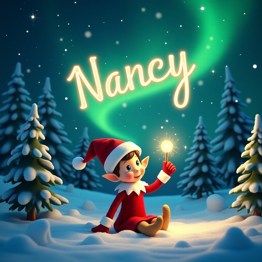 This enchanting winter scene features a playful elf on the shelf character sitting in the snow. The elf, dressed in a festive red costume, joyfully writes the name 'Nancy' in the sky using a glowing magical light. Above, vibrant greens of the northern lights illuminate the night sky, creating a magical ambiance. Snow-covered pine trees surround the elf, enhancing the festive atmosphere. This image perfectly captures the spirit of Christmas and the joy of childhood imagination.