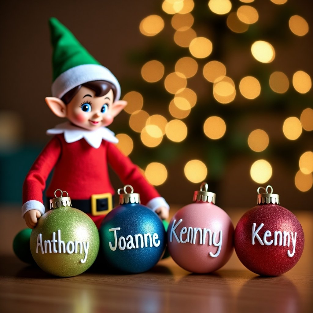 An elf character is joyfully arranging colorful baubles on a wooden surface. The baubles have the names 'Anthony,' 'Joanne,' 'Kenny,' and 'Della-Rae' beautifully written on them. The background features softly glowing Christmas lights, creating a warm and festive atmosphere. The elf, dressed in a traditional Christmas outfit, adds a playful touch to the scene. This image captures the essence of holiday joy and personalized celebration.