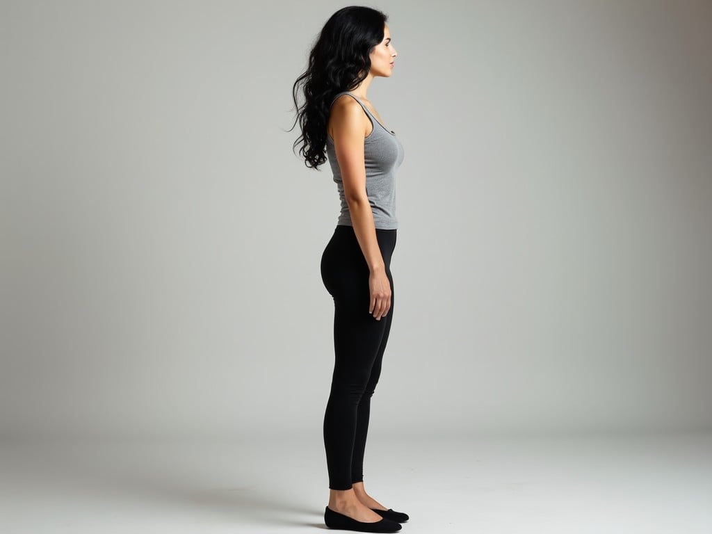 The image shows a woman standing in profile, showcasing her silhouette. She has long hair cascading down her back. The woman is wearing a fitted grey tank top and black leggings, demonstrating a relaxed yet confident posture. The background is soft grey, providing a neutral canvas that emphasizes her figure. The lighting is even, accentuating the contours of her body in a flattering manner. This composition is ideal for topics related to fitness, health, and fashion.