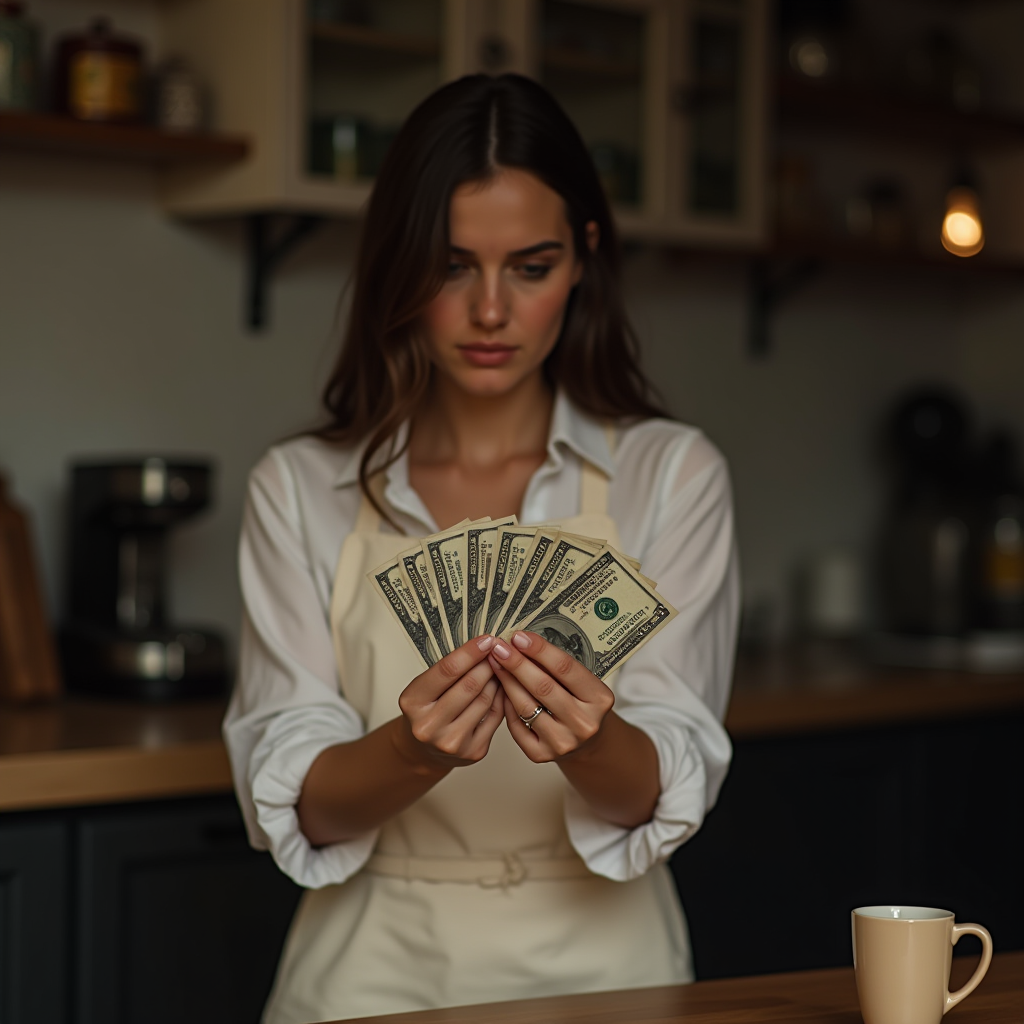 A woman in a kitchen setting, wearing an apron, focuses intently on a fan of dollar bills she holds.