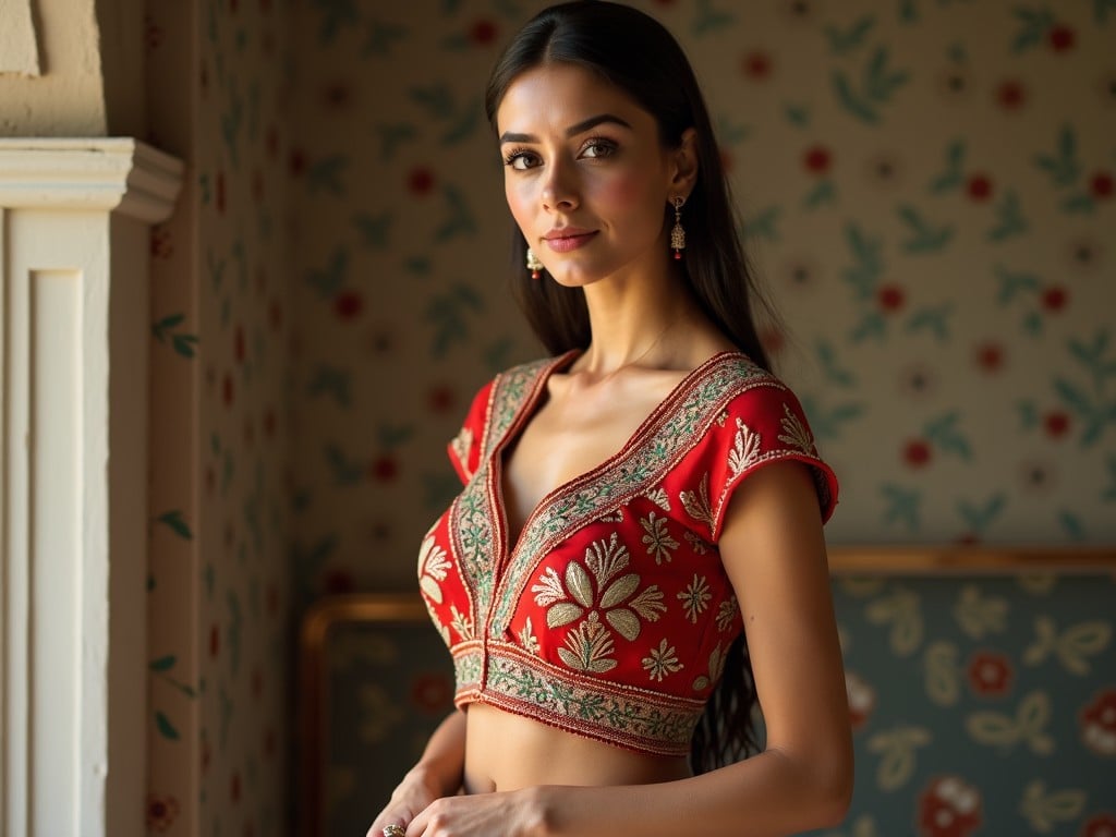 A woman wearing a beautifully embroidered saree with traditional jewelry.