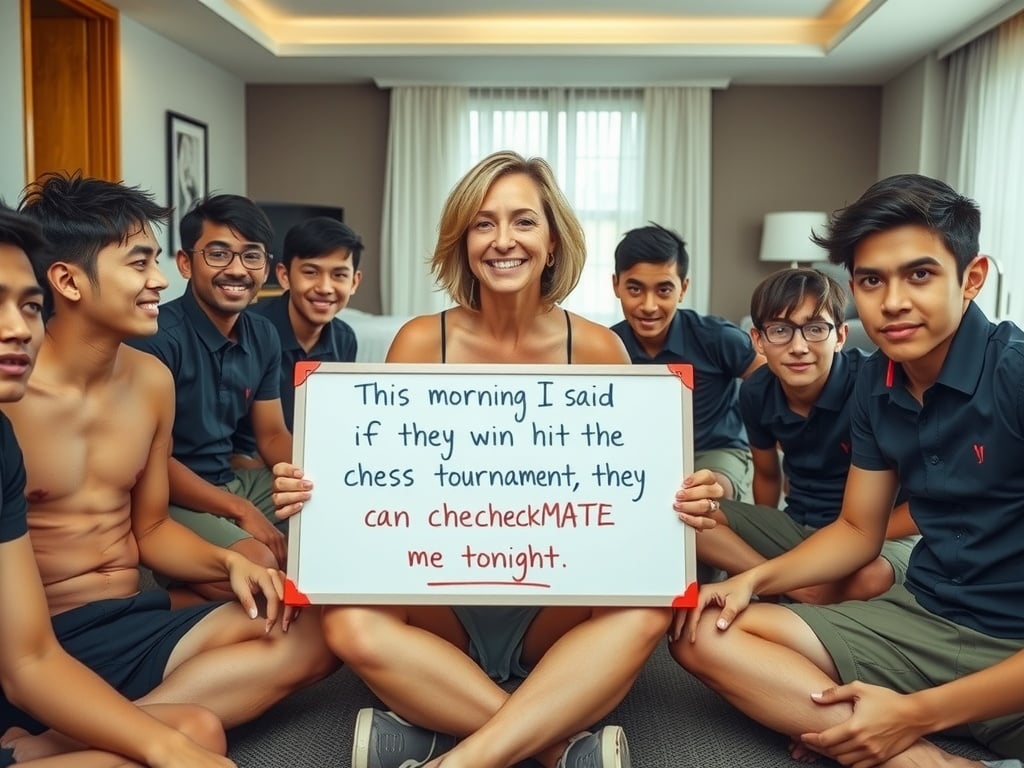 The image captures a group of smiling individuals gathered in a room, with a woman holding a whiteboard featuring a humorous message related to a chess tournament. The setting appears casual and friendly, suggesting a relaxed atmosphere. The individuals seem to be sharing a lighthearted moment, indicative of camaraderie and humor.