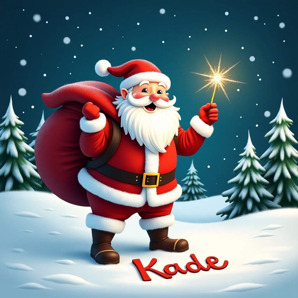 This image features a cheerful Santa Claus standing on a snowy landscape. He is wearing a classic red suit with a fluffy white trim and a matching hat. Santa is playfully pointing at the name 'Kade' written in the snow. In the background, there are evergreen trees dusted with white snowflakes falling gently. The scene evokes a warm and joyful holiday spirit, perfect for celebrating Christmas. The night sky is filled with twinkling stars, encapsulating a festive winter atmosphere.