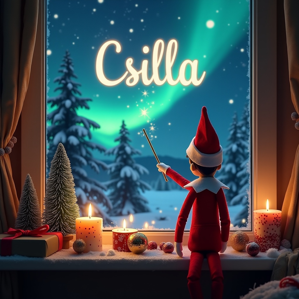 The image features an elf on the shelf with his back to the viewer, gazing out a window into a magical Christmas night. He is using a wand to write 'Csilla' in the sky. The background displays beautiful Northern Lights illuminating the scene. Snow-covered trees can be seen outside, creating a winter wonderland. The room is cozy and decorated for Christmas, enhancing the festive atmosphere.