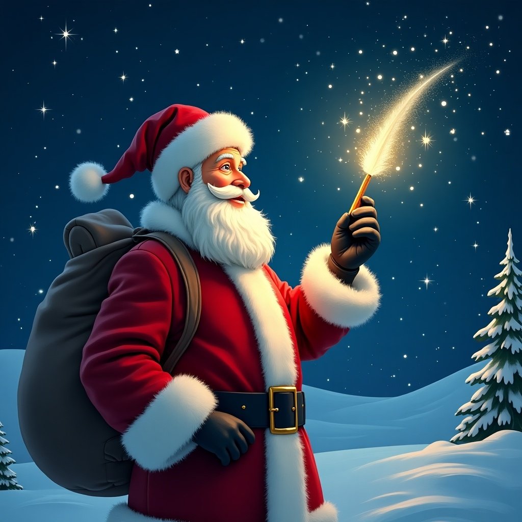 A jolly Santa Claus in a snowy landscape, holding a magical wand that shines with sparkles. He wears a classic red suit with white fur trim and a matching hat. Santa's eyes twinkle with joy as he appears to be writing names in the sky. Behind him, there's a snowy scene with evergreen trees and a starry night sky. The atmosphere is festive and magical, perfect for the holiday season.