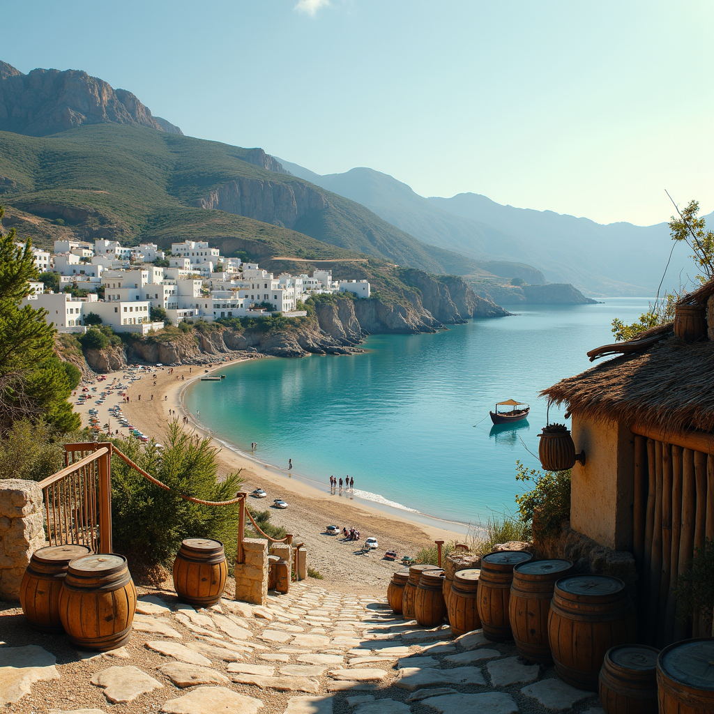 A picturesque seaside village with white buildings overlooking a tranquil turquoise bay.