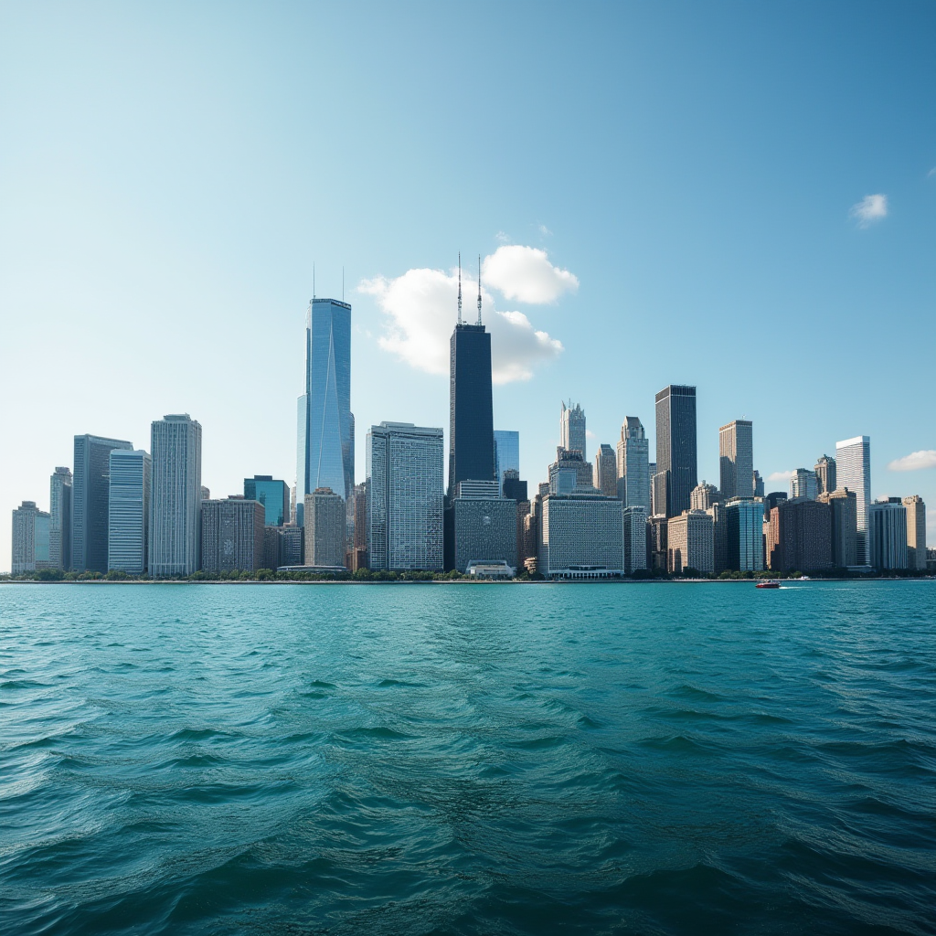 A tranquil view of a city skyline with towering skyscrapers reflecting in the calm, blue waters under a clear sky.