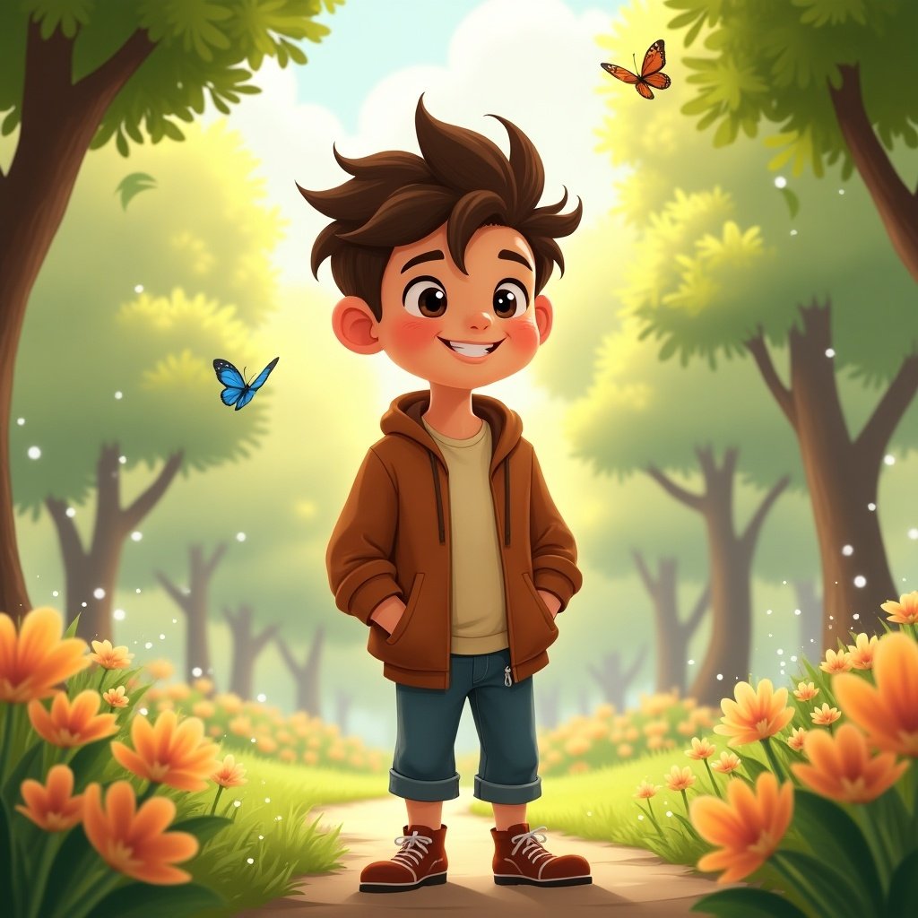 A cheerful boy named Bryson, standing in a vibrant, flower-filled pathway. He has tousled brown hair and is wearing a comfortable brown hoodie. Around him, colorful butterflies are fluttering, adding to the lively atmosphere. The background features a sunlit forest with lush greenery. The overall mood is joyful and playful, perfect for a children's story.