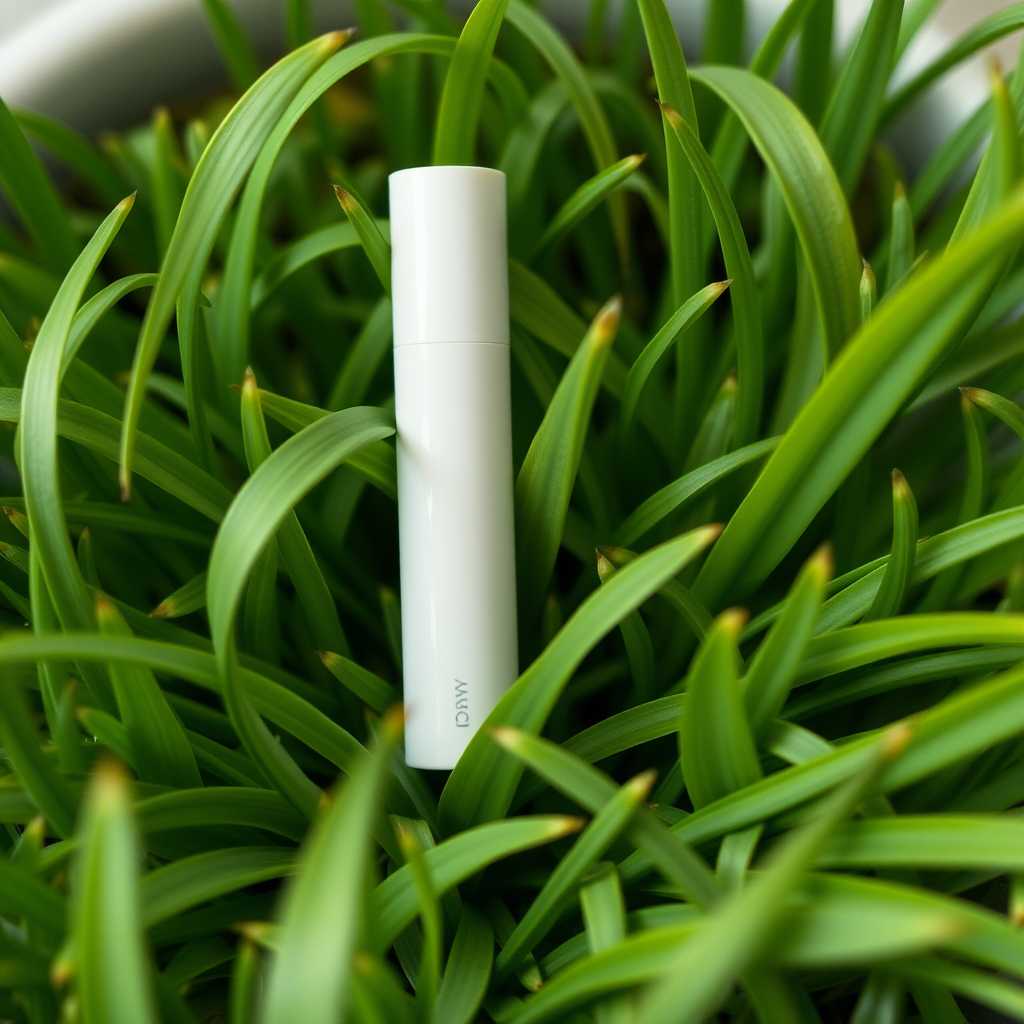 A white cylindrical object is standing upright amidst lush green leaves.