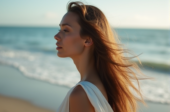 A woman with long, flowing hair stands on a beach, gazing pensively out to sea as the wind gently tousles her hair.