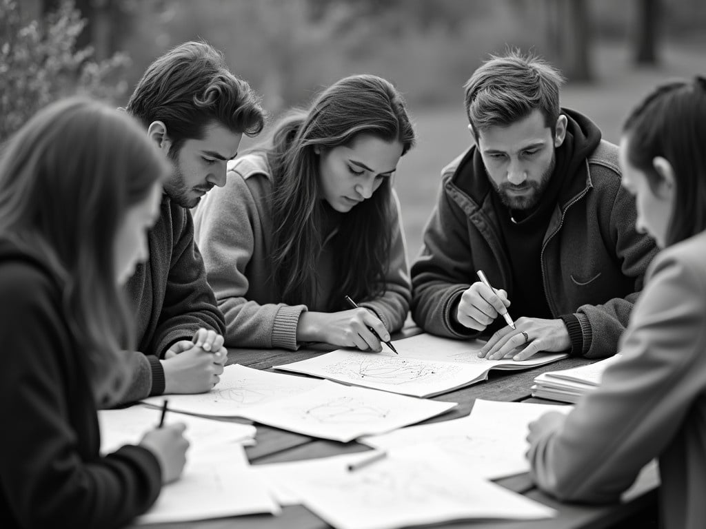 A group of five individuals is depicted deeply engrossed in collaborative work outdoors. They are gathered around a table, analyzing and discussing mathematical problems. Each person is focused, writing and sketching on papers laid out before them. The setting is serene, surrounded by nature, enhancing the atmosphere of concentration. They exhibit a variety of expressions, from concentration to excitement, creating a dynamic scene of teamwork and intellectual engagement.