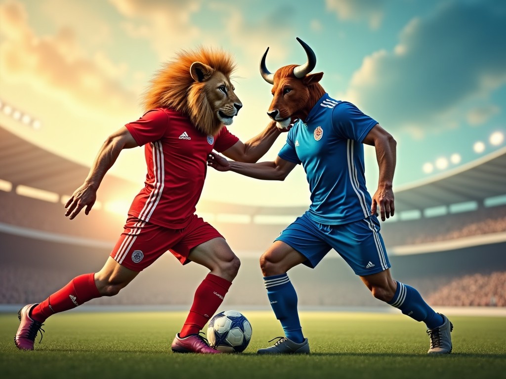 A surreal depiction of a football match between two anthropomorphic figures. One is a lion wearing a red football kit, while the other is a bull in a blue football kit. They are positioned on a vibrant football field, clashing with intensity. The scene is set during an event with an energetic atmosphere, highlighted by dramatic lighting and a colorful sky. This illustration captures the essence of competition in sports through imaginative character design.