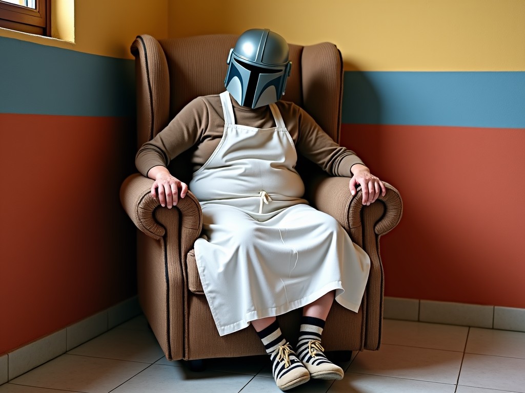 A humorous scene depicting a person seated comfortably in a chair inside a room. The person is wearing a metallic helmet similar to a well-known sci-fi character. They are dressed in an apron and casual attire, creating a contrast between the helmet and the domestic setting. The walls of the room are painted in cheerful colors like yellow and orange. Soft lighting adds a warm, inviting atmosphere to the image.