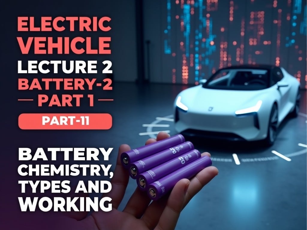 The image showcases a person prominently holding a set of purple cylindrical batteries. In the backdrop, a sleek and futuristic electric vehicle design takes center stage, surrounded by digital circuit patterns and tech-inspired visuals. The overarching theme revolves around a YouTube course focused on battery technology. The text highlights essential topics such as battery chemistry, types of batteries, and their operational principles, making it suitable for educational purposes. The design employs bold colors like red and blue to create an impactful visual, representing energy and innovation in electric vehicle technology.