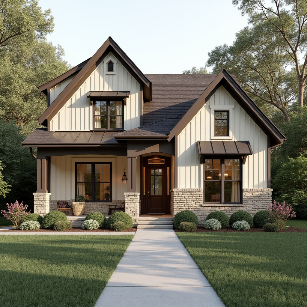 A cozy cottage-style home with a neatly manicured front yard and inviting front porch.