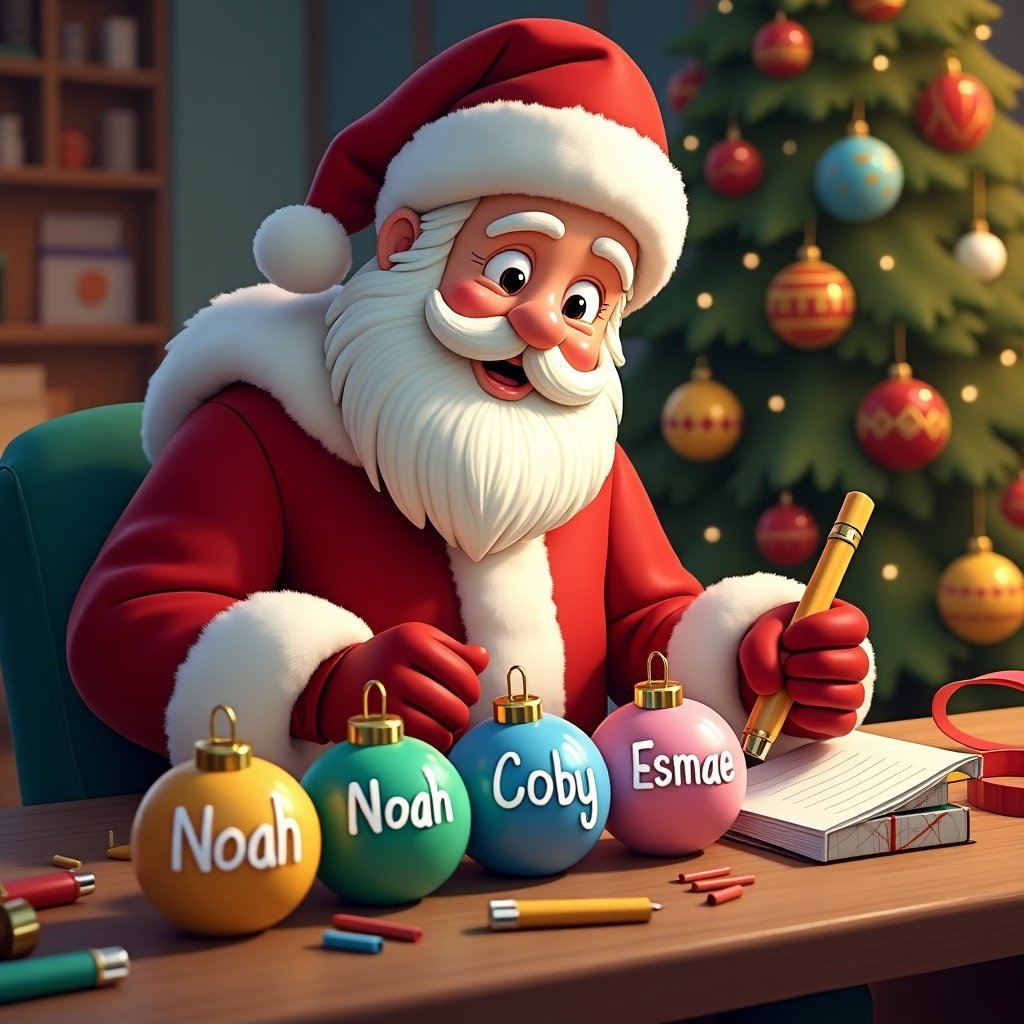 Father Christmas is joyfully preparing for the holiday season. He is sitting at a table with a warm and cheerful expression. On the table, he is writing names on colorful Christmas baubles. The baubles are labeled ‘Noah’, ‘Coby’, and ‘Esmae’. In the background, there is a beautifully decorated Christmas tree, adding to the festive atmosphere. The scene captures the essence of Christmas joy and creativity, making it perfect for holiday celebrations.