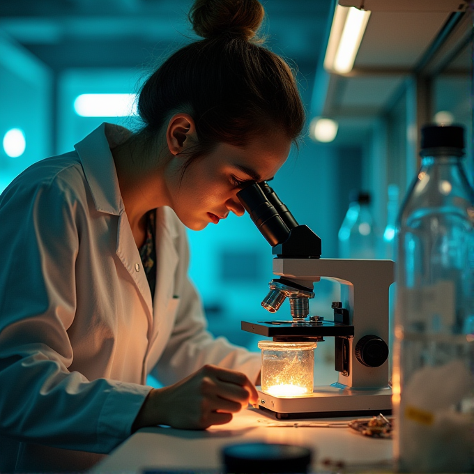 A person in a lab coat examines something through a microscope in a laboratory setting.