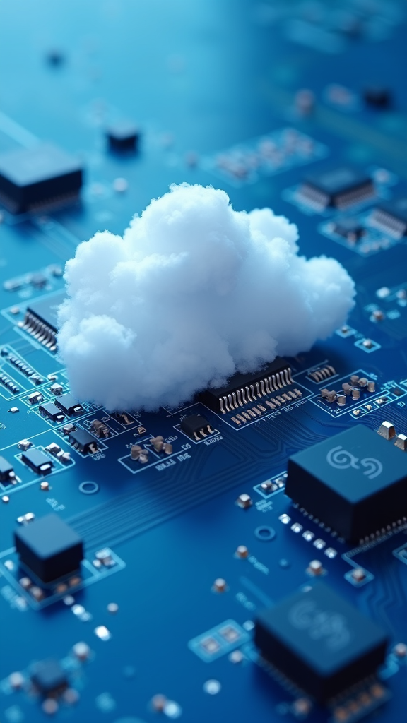 A fluffy white cloud rests atop a blue circuit board, symbolizing cloud computing technology.