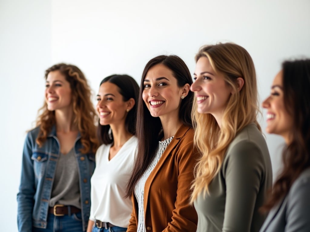 The image features a group of women standing side by side, each exuding confidence with bright smiles. The women are dressed in casual yet stylish clothing, contributing to a relaxed atmosphere. They are positioned against a neutral white backdrop, enhancing their presence. One woman is actively speaking to the camera, seemingly explaining something, which adds a dynamic element to the scene. This setup showcases the beauty of diversity and joy among the group.