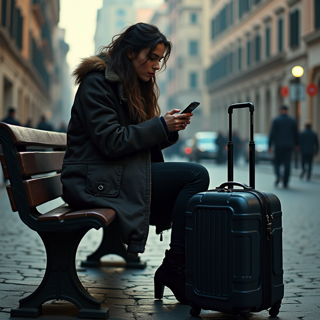 A woman sits on a bench with her suitcase, absorbed in her phone, against a backdrop of a European city street.