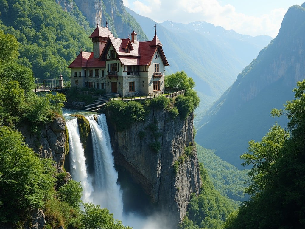 The image showcases a picturesque and majestic house built atop a rugged cliff, surrounded by stunning natural beauty. The building features a red roof and brickwork, adding a classic charm to its robust structure. Its location offers breathtaking views over the valley below, with lush, green forests cascading down the mountainsides.

Waterfalls tumble off the cliffs on either side, merging into a serene blue river, creating a sense of harmony between human architecture and nature's splendor. The expansive landscape reveals distant mountains under a bright blue sky dotted with fluffy white clouds, enhancing the tranquil and idyllic setting. This scene evokes a sense of fantasy and wonder, almost like a setting from a fairy tale. The architecture and surroundings together suggest elegance, seclusion, and natural beauty.