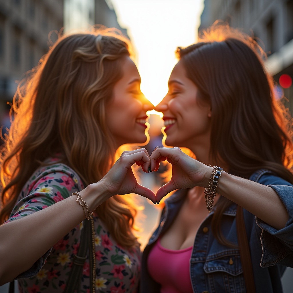 Two women stand nose-to-nose, creating a heart shape with their hands as the setting sun illuminates their silhouettes on a city street.