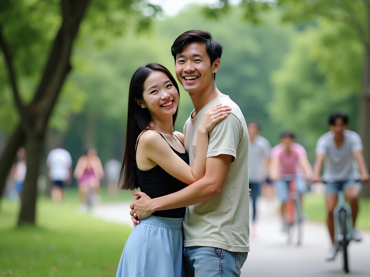 An Asian couple is hugging each other, smiling happily. They are standing in a park surrounded by greenery. The woman is wearing a black tank top and a light blue skirt, while the man is dressed in a casual light shirt and shorts. In the background, there are several people enjoying their day, riding bikes and chatting. The atmosphere is cheerful and lively.