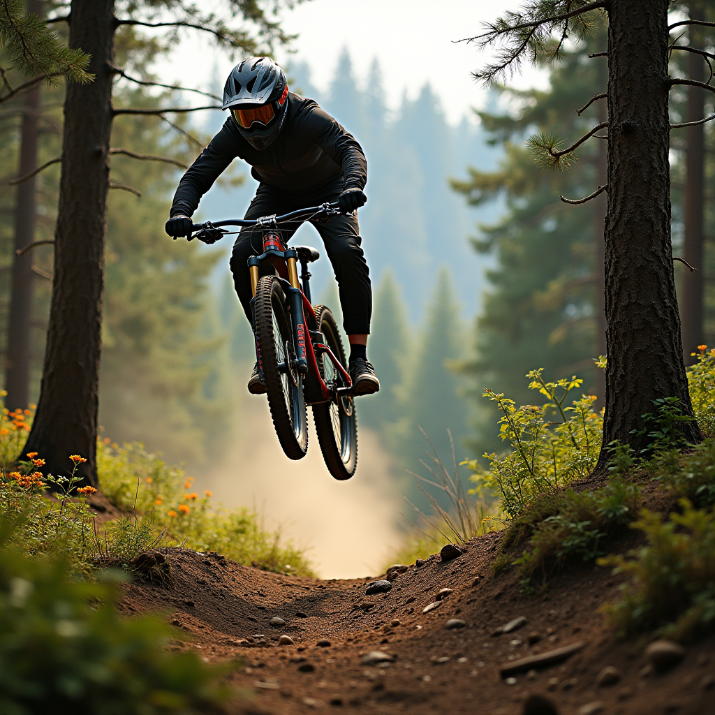 A mountain biker jumps over a dirt trail in a lush forest setting.